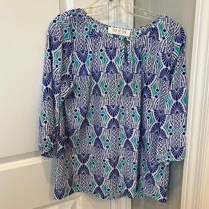 Peach Love Cream blue and green print 3/4 sleeve top Size Medium